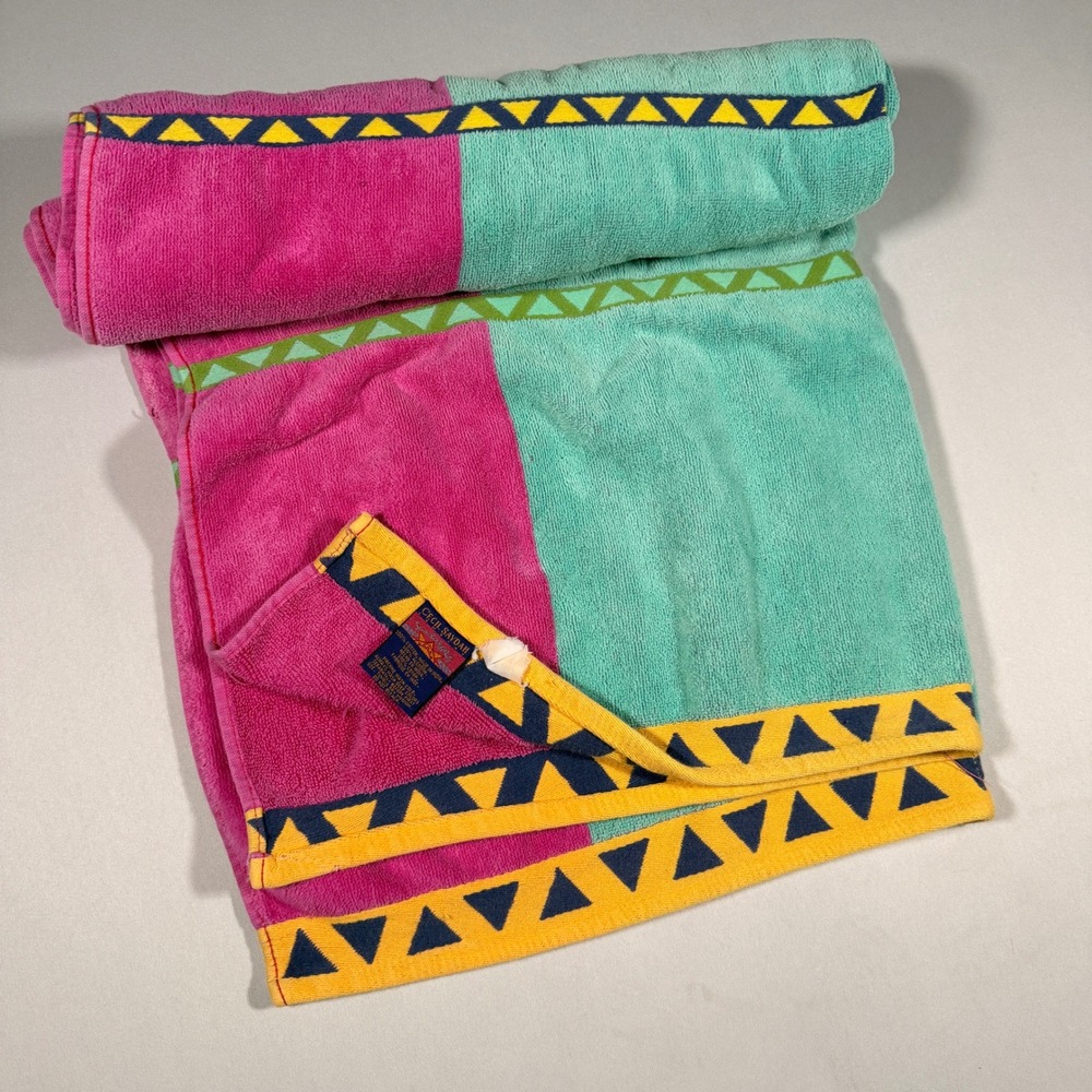Vtg Cecil Saydah Beach Towel Pink Teal Colorblock 90s Geometric Cotton Sunbright